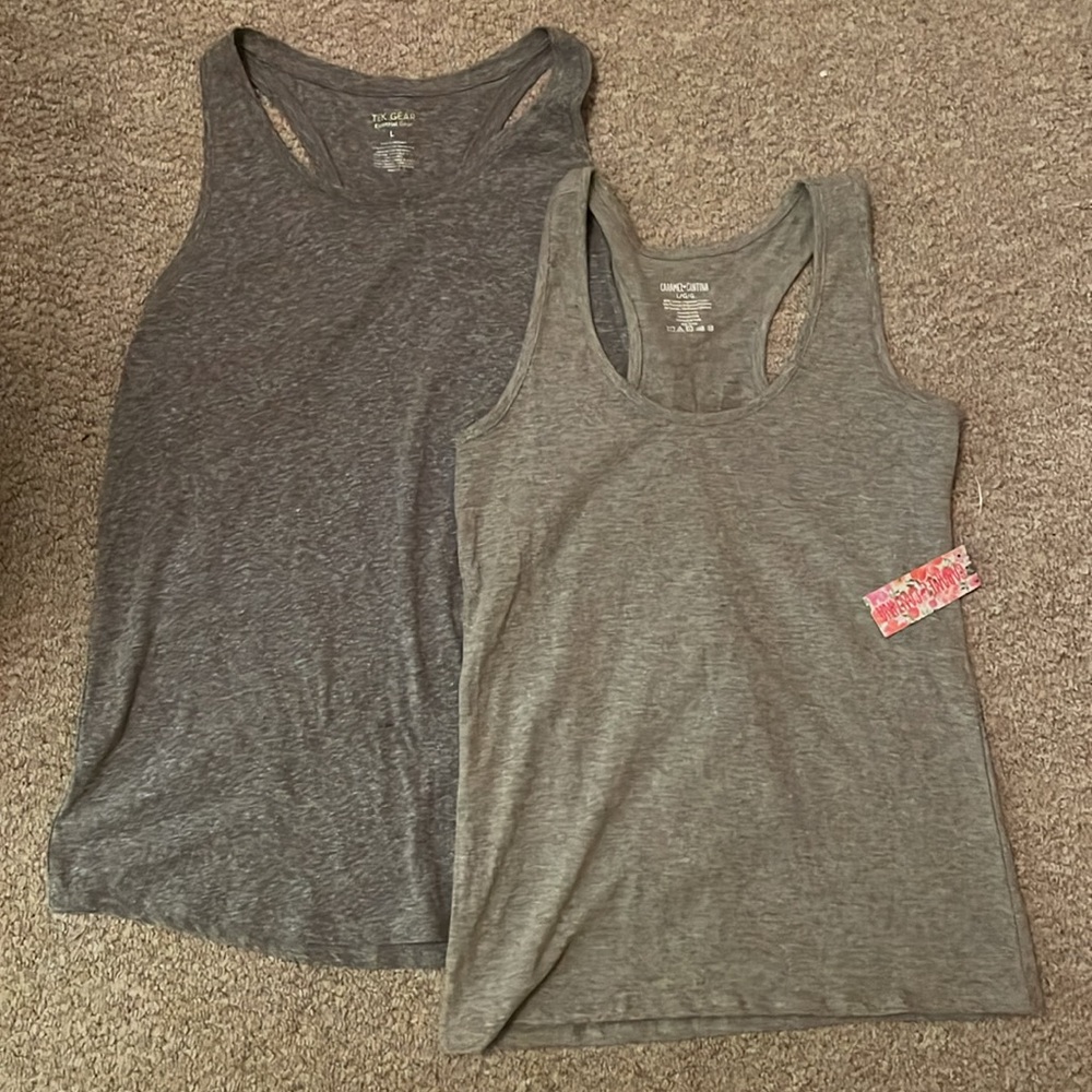 NWT 2 Grey Heather Tank Tops with Razorback, Women’s Large